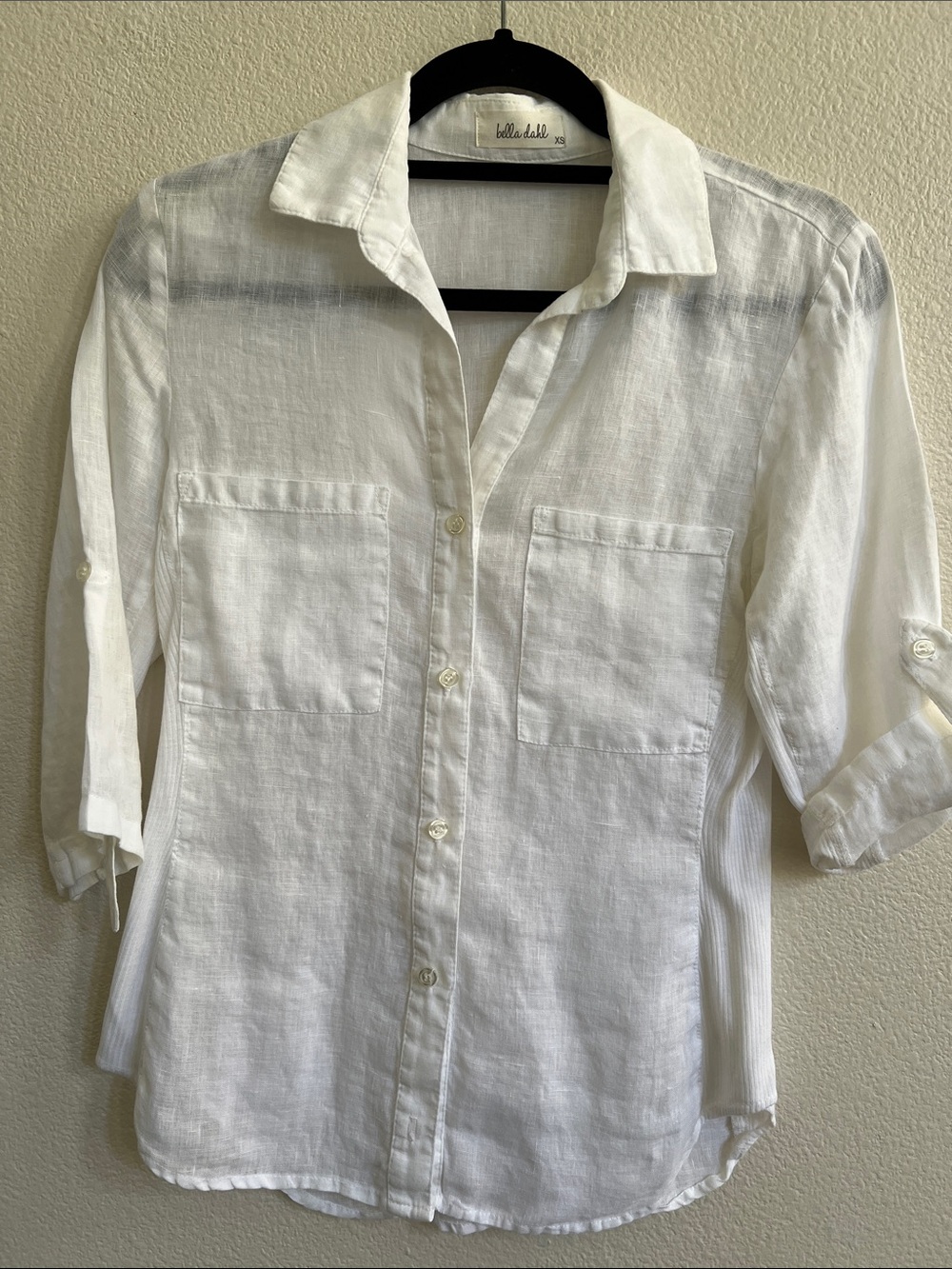 BELLA DAHL Linen Button-Up Utility Roll-Tab 3/4 S-Sleeve Shirt White XS